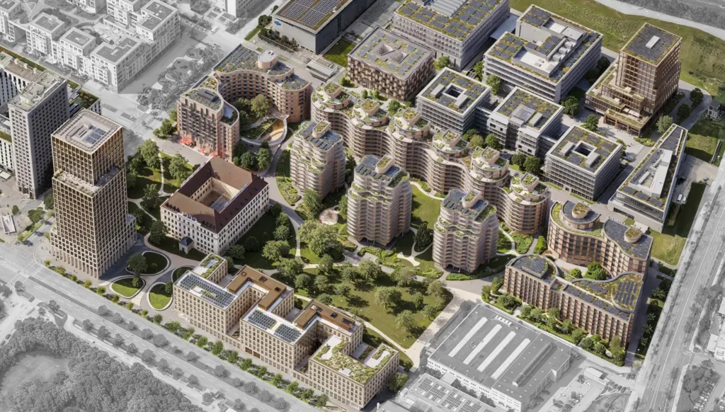 Luftbild-Visualisierung eines neuen Stadtquartiers mit geschwungenen Wohngebäuden um einen zentralen Park, begrünten Dächern und dem historischen Knorr-Bremse-Gebäude