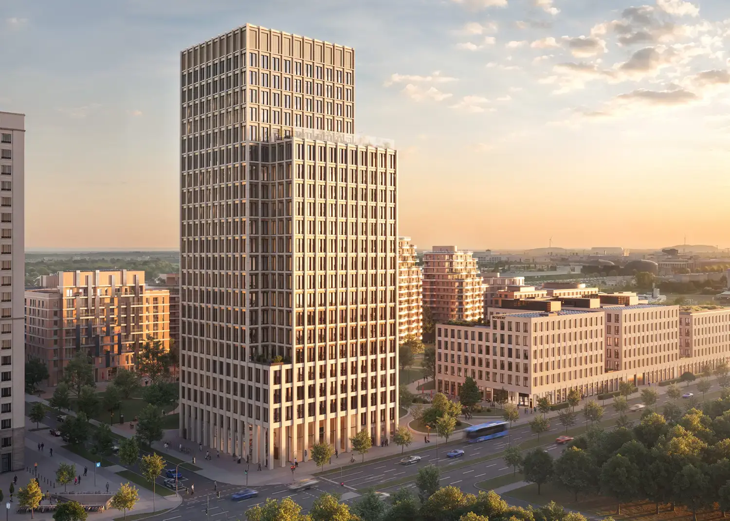 Visualisierung eines neuen Stadtquartiers aus der Vogelperspektive bei Abendlicht, mit einem Hochhaus, umliegenden Wohn- und Bürobauten und einem baumbestandenen Boulevard