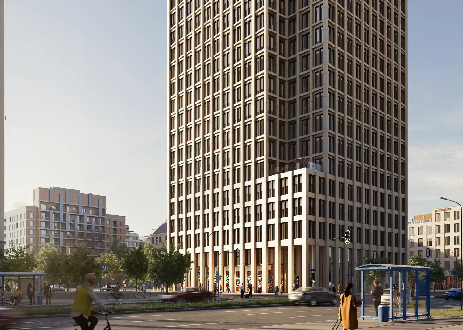 Visualisierung eines Hochhauses mit gleichmäßiger Rasterfassade in hellem Stein, im Erdgeschoss Läden, davor eine Straße mit Haltestelle und Passanten