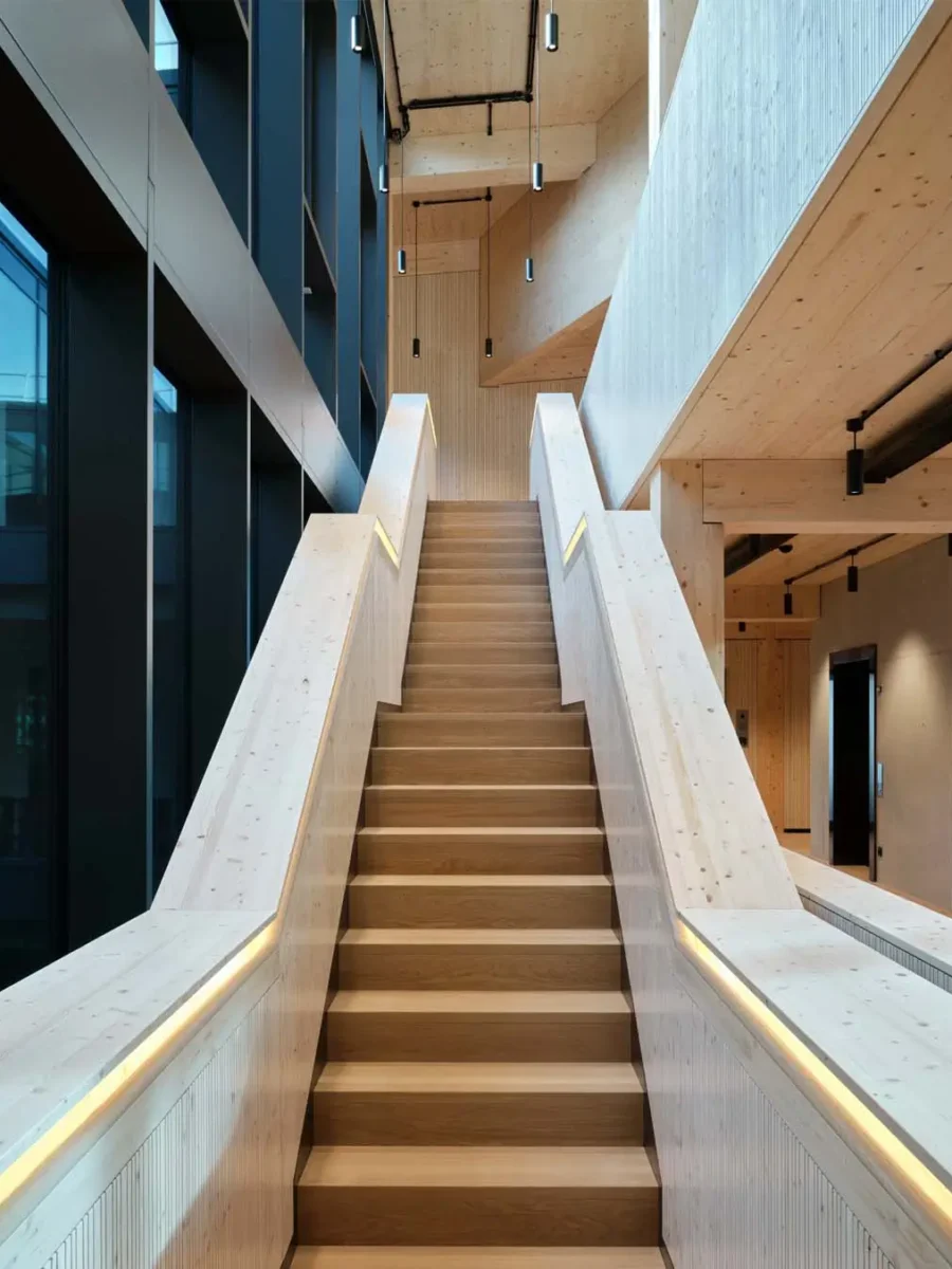Breite Treppe in einem Bürogebäude aus Holz, mit hellen Holzbrüstungen, eingelassenen Lichtbändern und sichtbarer Holzdecke